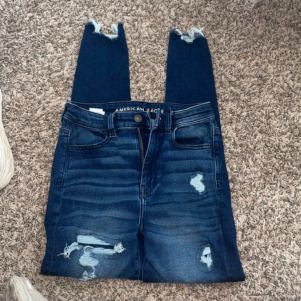 American Eagle highest rise jegging, with patched holes, dark wash